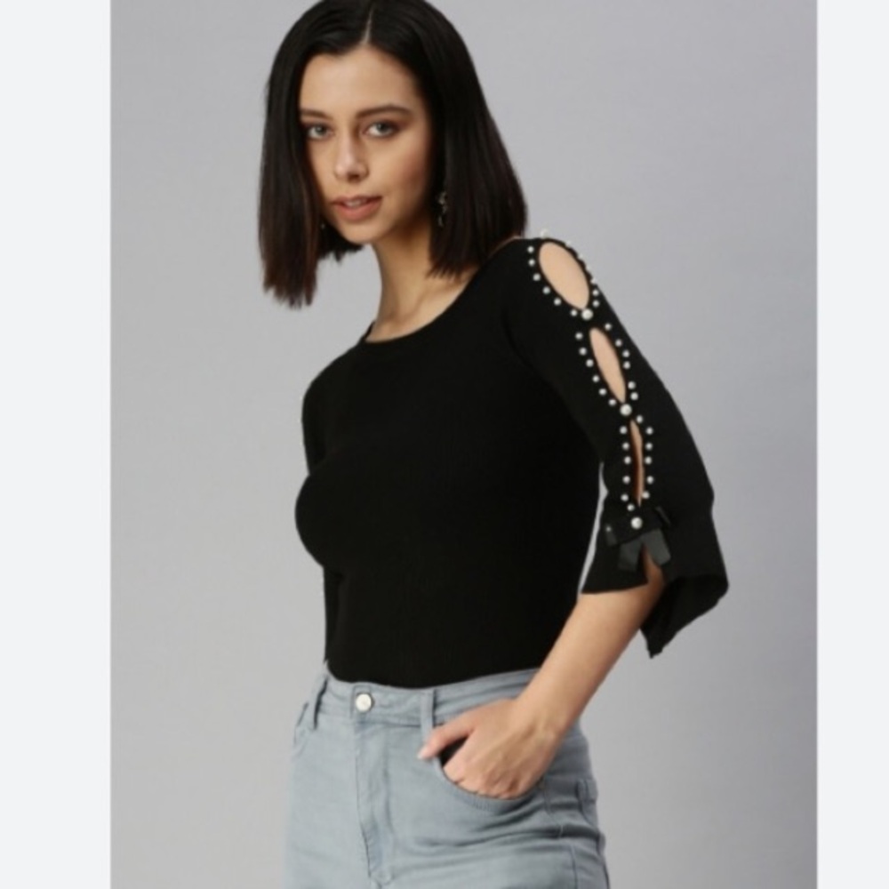 Black Women's Top with Pearl Detailing Cutout Sleeves 😍